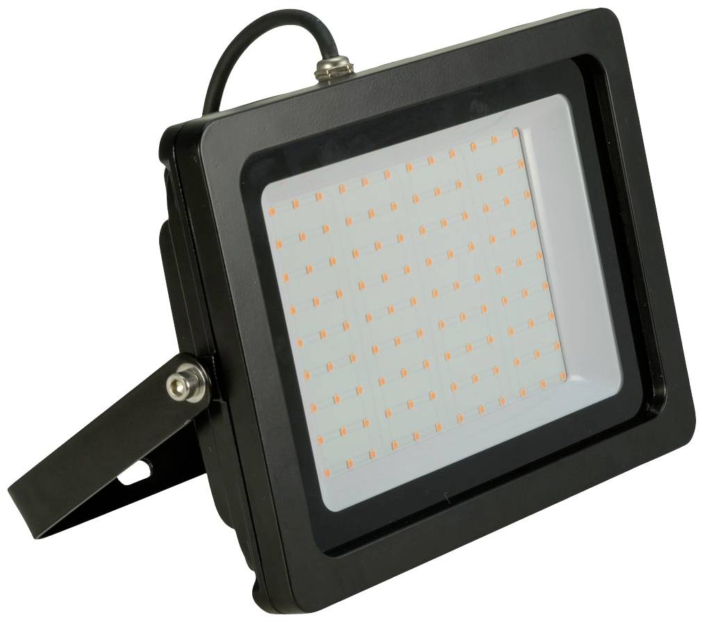 Ein rechteckiger LED-Fluter mit schwarzem Rahmen und vielen kleinen orangenen Leuchtpunkten, zur Beleuchtung von Außenbereichen.