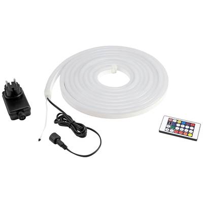 Ein zusammengewickelter LED-Lichtschlauch mit Fernbedienung und Netzkabel. Geeignet für dekorative Beleuchtung.