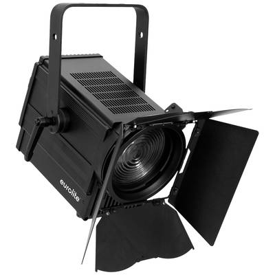 Eine schwarze Bühnenleuchte mit verstellbaren Klappen vorne zur Steuerung des Lichtstrahls, eignet sich für Theateraufführungen.