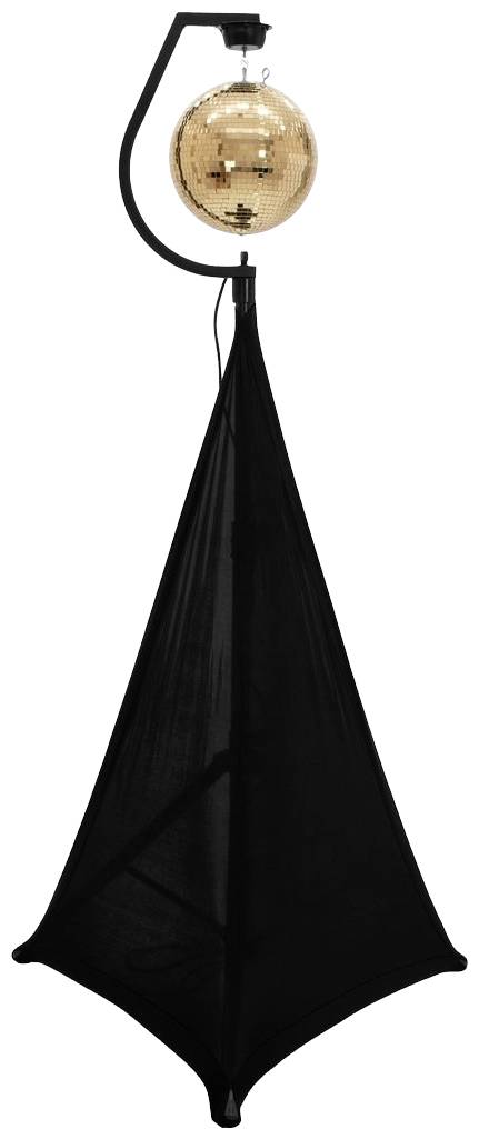 Stehende Discokugel mit schwarzem Dreibeinständer, aufgehängt in einem Raum. Sie reflektiert Licht und erzeugt eine partyähnliche Atmosphäre.