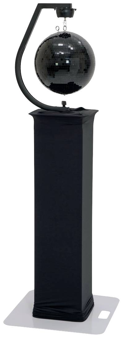 Eine schwarze Discokugel hängt an einem Bügel, montiert auf einem hohen schwarzen Sockel.