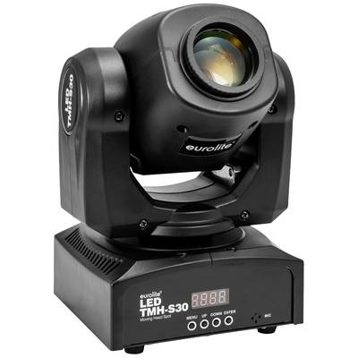 Ein schwarzer, beweglicher LED-Scheinwerfer mit der Aufschrift 'eurolite LED TMH-S30'. Das Display zeigt eine Zahlenanzeige.