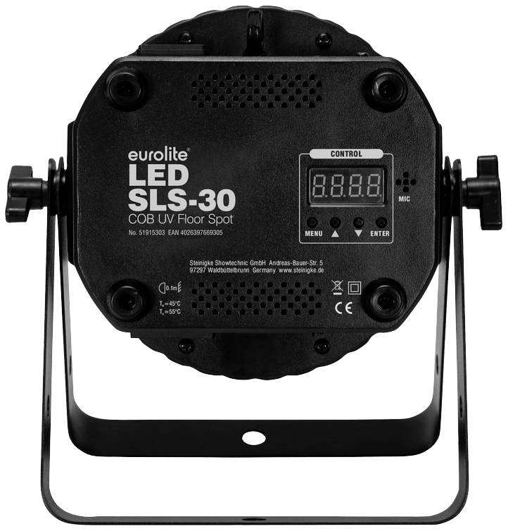 Ein LED-Bodenstrahler von Eurolite, Modell SLS-30, schwarz, mit Kontrollanzeige und Mikrofon. Geeignet für Bühnenbeleuchtung.