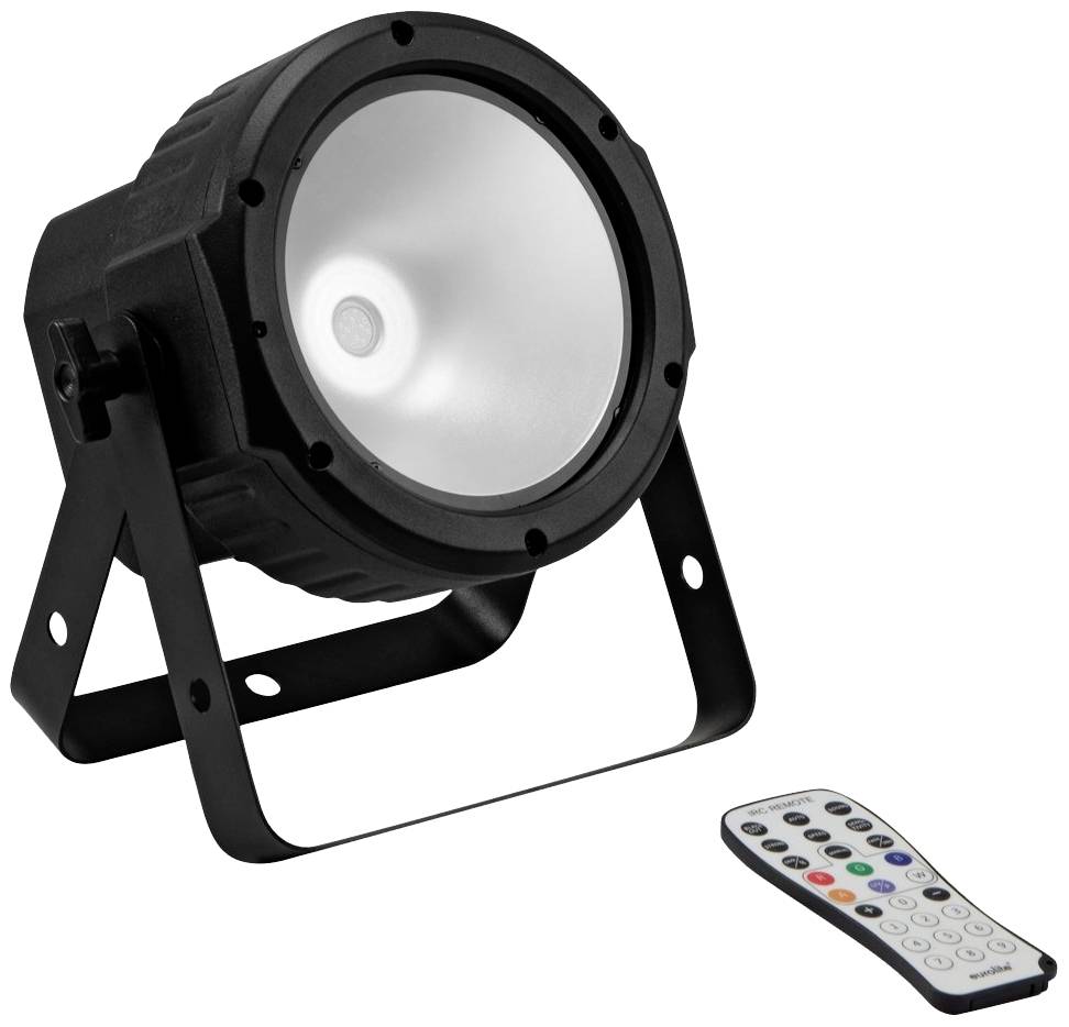 'Schwarzer LED-Strahler mit Ständer neben einer Fernbedienung mit vielen Tasten, geeignet zur Steuerung der Lichtmodi.'