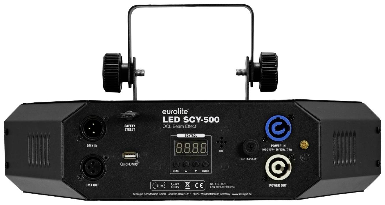 Rückansicht eines Eurolite LED SCY-500 Lichteffekts. Zeigt verschiedene Anschlüsse und Bedienelemente.