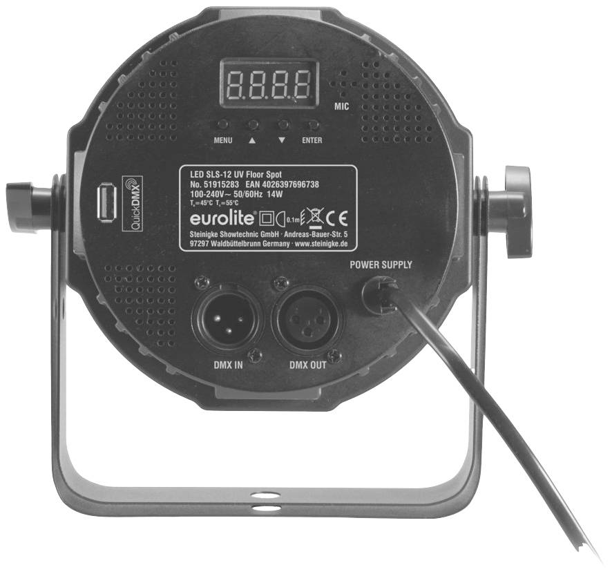 Schwarzes LED-Par-Licht, Modell SL5-12 UV Floor Spot, mit Steuer- und Stromanschlüssen sichtbar an der Rückseite.