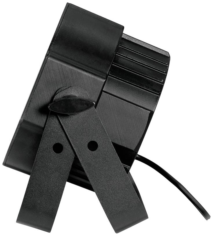 Ein schwarzer Ventilator mit einem kreisförmigen Schutzgehäuse und einem Kippmechanismus steht auf einem Tisch und ist zur Seite geneigt.