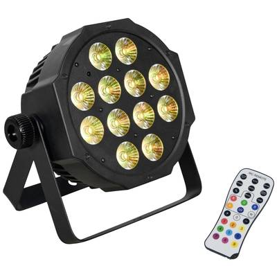 Ein runder LED-Strahler mit neun leuchtenden Linsen auf einem Ständer, daneben eine Fernbedienung mit farbigen Tasten.