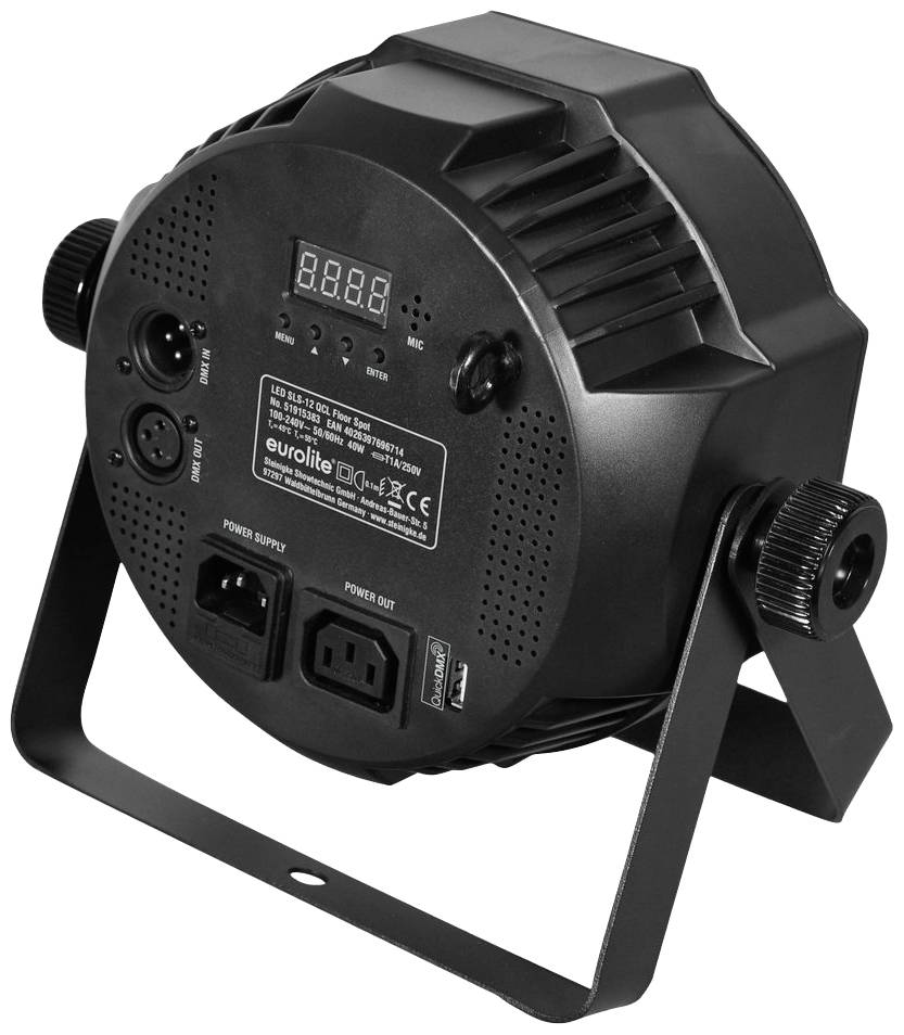 'Schwarzes LED-Licht mit digitalem Display und Bedienelementen auf der Rückseite, geeignet für Bühnen- und Eventbeleuchtung.'