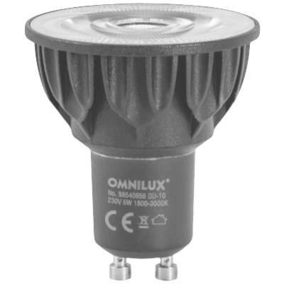Eine LED-Lampe vom Typ GU10, Markenname Omnilux, für 230 V und 5 W, mit variabler Farbtemperatur von 1800-3000 Kelvin.