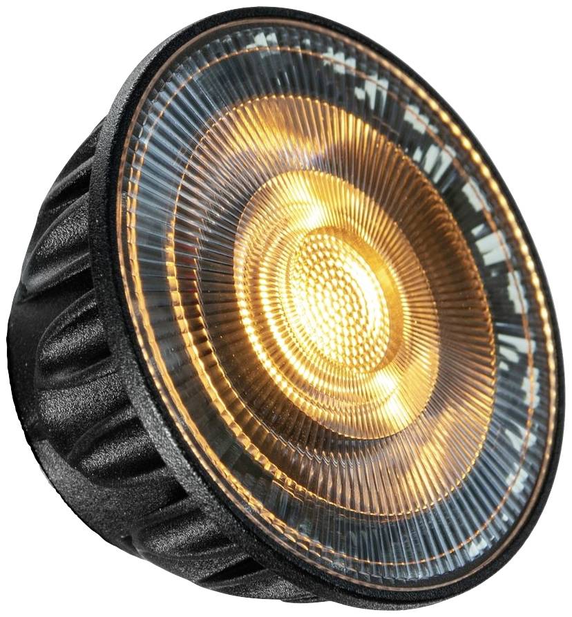 Eine nahaufnahme einer runden LED-Lampe, die in warmem Orange leuchtet. Die Oberfläche der Lampe hat ein geripptes Muster.