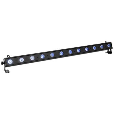 Ein langes, schwarzes LED-Lichtsystem mit zwölf blauen LEDs, montiert auf einem Metallgestell, zur Bühnenbeleuchtung verwendet.