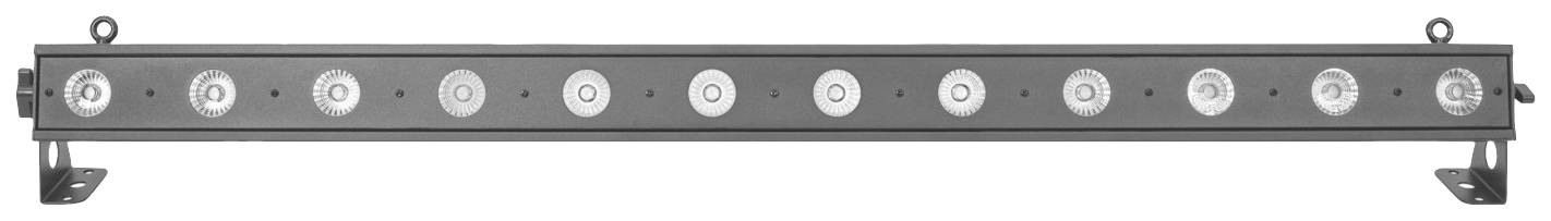 Ein länglicher LED-Lichtbalken mit zwölf gleichmäßig verteilten Linsen, montiert auf Metallhaltern.