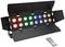 Ein LED-Lichtpanel mit roten, grünen, blauen und weißen Leuchten und einer Fernbedienung zur Steuerung der Farben und Einstellungen.