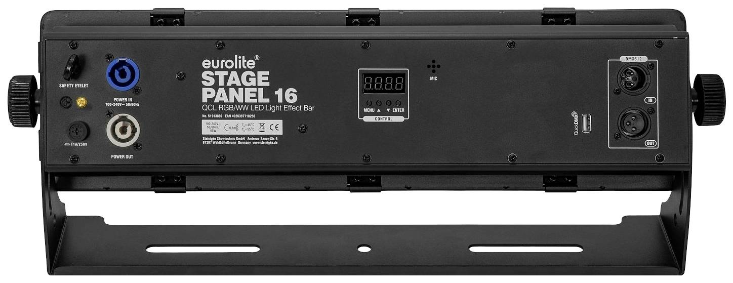 Bühnenscheinwerfer mit Bedienelementen und Anschlüssen, Modell 'Eurolite Stage Panel 16'. Schwarzes Gehäuse mit digitalen Display.