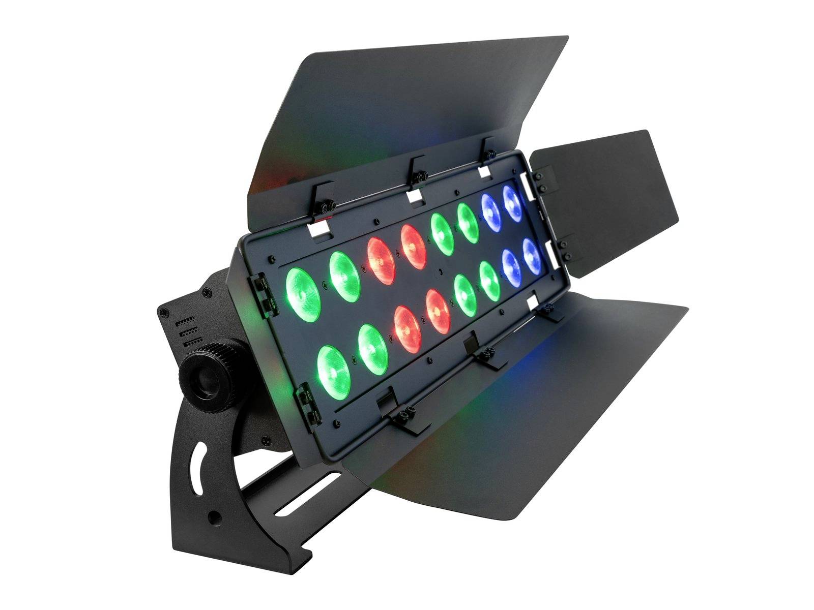 Ein Bühnenlicht mit mehreren farbigen LED-Lichtern in Rot, Grün und Blau, montiert auf einem verstellbaren Ständer mit Abschirmklappen.