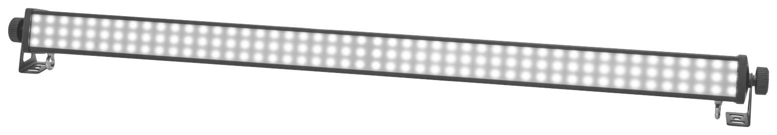 Ein rechteckiger LED-Lichtbalken mit mehreren kleinen, leuchtenden LED-Dioden, montiert an beiden Enden zur Befestigung.