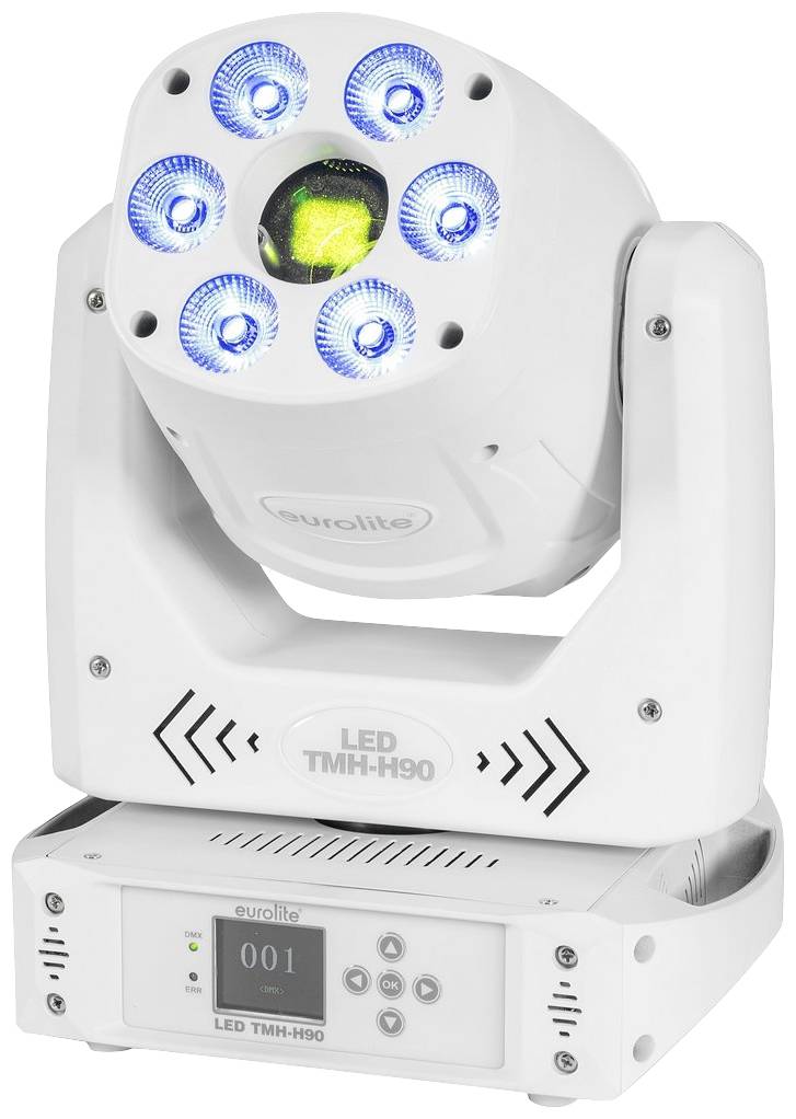 Ein weißer LED-Moving-Head-Scheinwerfer mit sieben blauen Linsen und einem zentralen grünen Effektlicht. Anzeige zeigt '001'.