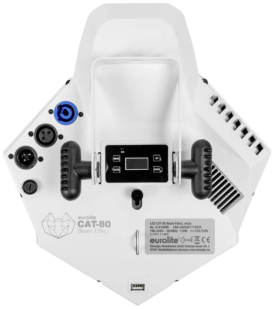 Ein weißes, hexagonales Gerät mit Steuerknöpfen und Anschlüssen wird gezeigt. Es handelt sich um ein 'Eurolite CAT-80 Beam Effect'.