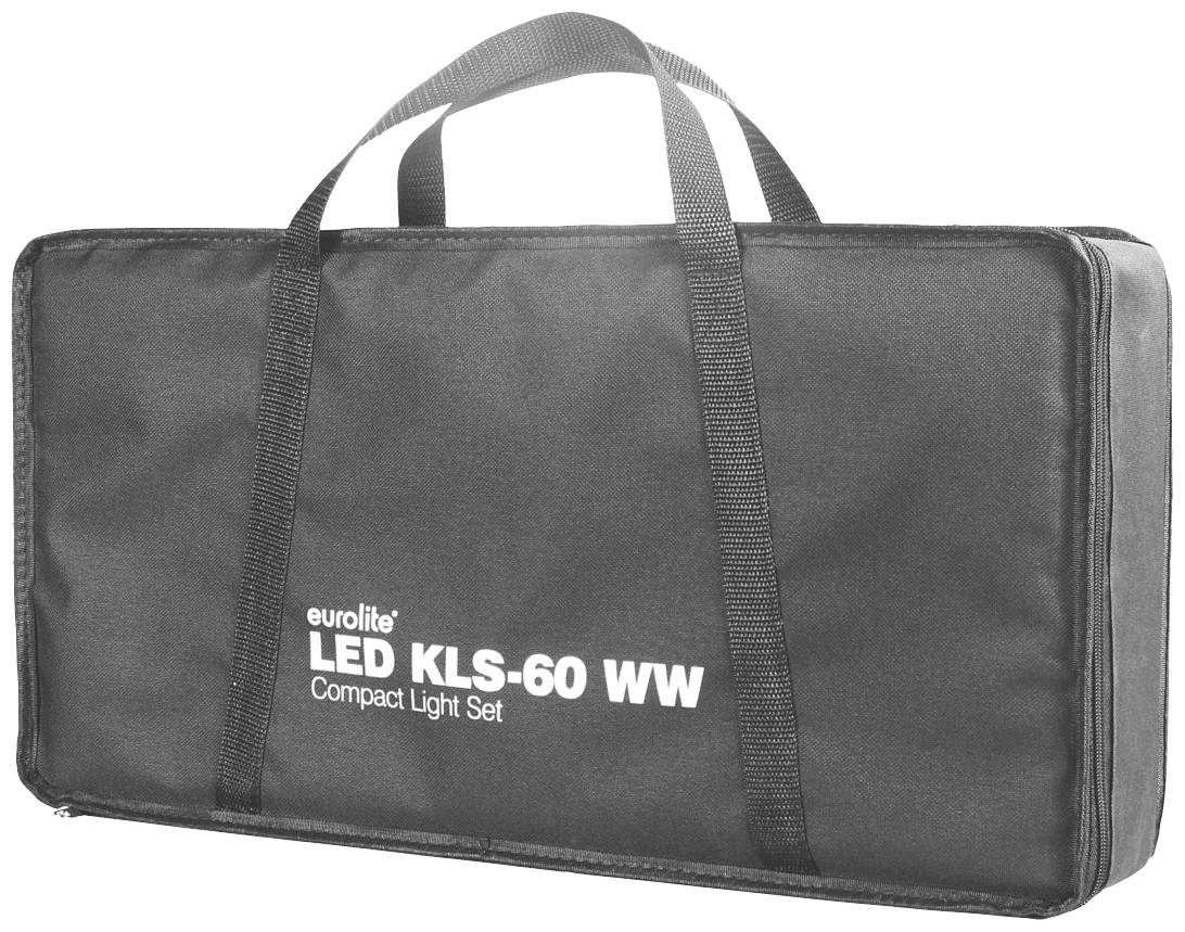 Schwarze Tragetasche mit der Aufschrift 'eurolite LED KLS-60 WW Compact Light Set', die für den Transport eines Beleuchtungssets dient.