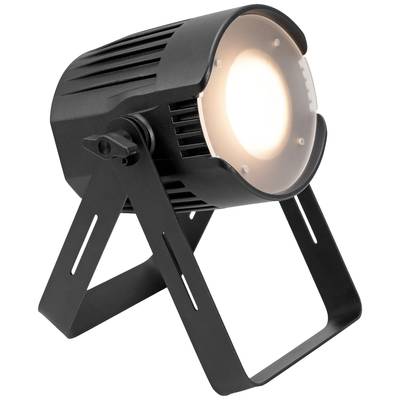 Schwarzer LED-Bühnenstrahler mit verstellbarem Ständer, leuchtet hell und gleichmäßig, geeignet für professionelle Beleuchtung.