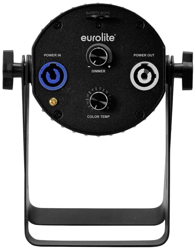'Eurolite'-LED-Lichtsteuerung, zeigt Rückseite mit Power-In- und Power-Out-Anschlüssen, Dimmer- und Farbtemperatur-Steuerung.