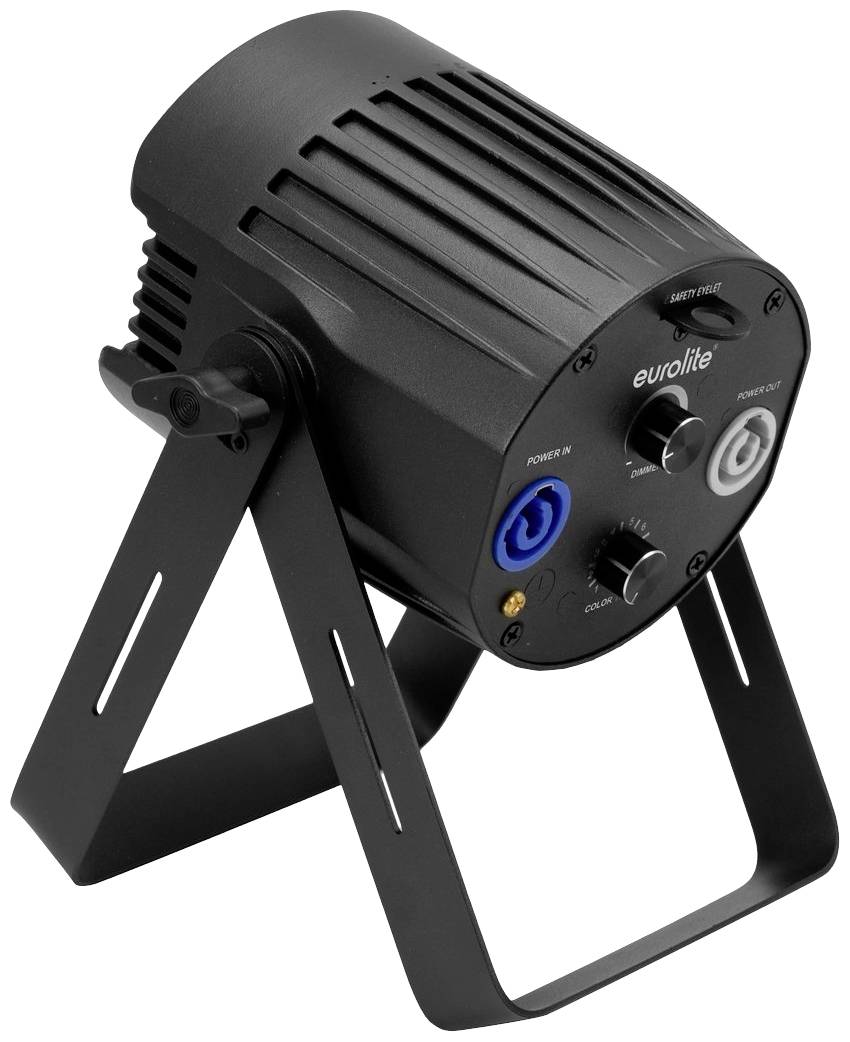 Ein schwarzer LED-Strahler mit verstellbarem Standfuß und verschiedenen Anschlüssen, geeignet für Bühnenbeleuchtung oder Veranstaltungen.
