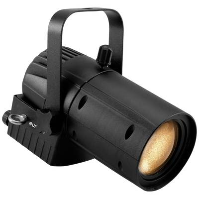 Ein schwarzer Scheinwerfer mit einem gelben Lichtkegel, montiert an einem Bügel. Geeignet für Bühnen- oder Eventbeleuchtung.
