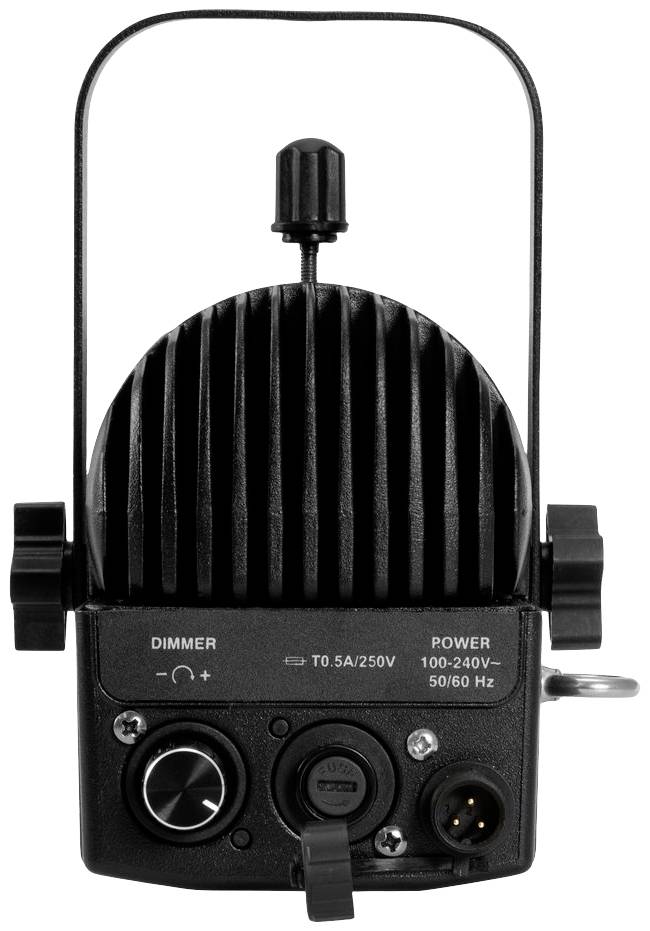 Rückansicht eines Bühnenstrahlers mit Drehknopf für Dimmer, Stromanschluss und Haltegriff.
