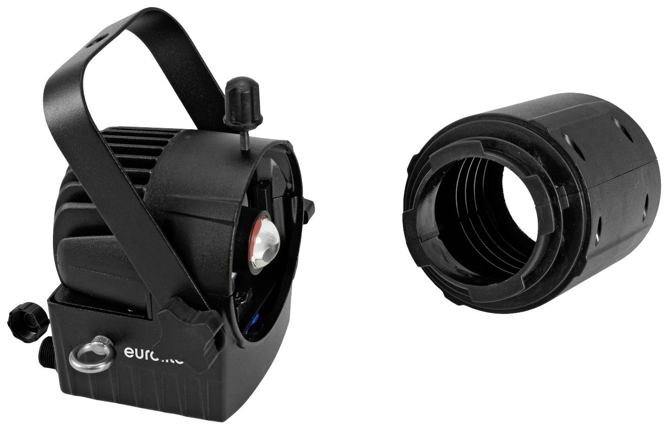'Eurolite Mini Profile Spot' Leuchte mit abnehmbarem Gehäuse, kompaktes Design, schwarz, geeignet für Bühnen- oder Studioanwendungen.