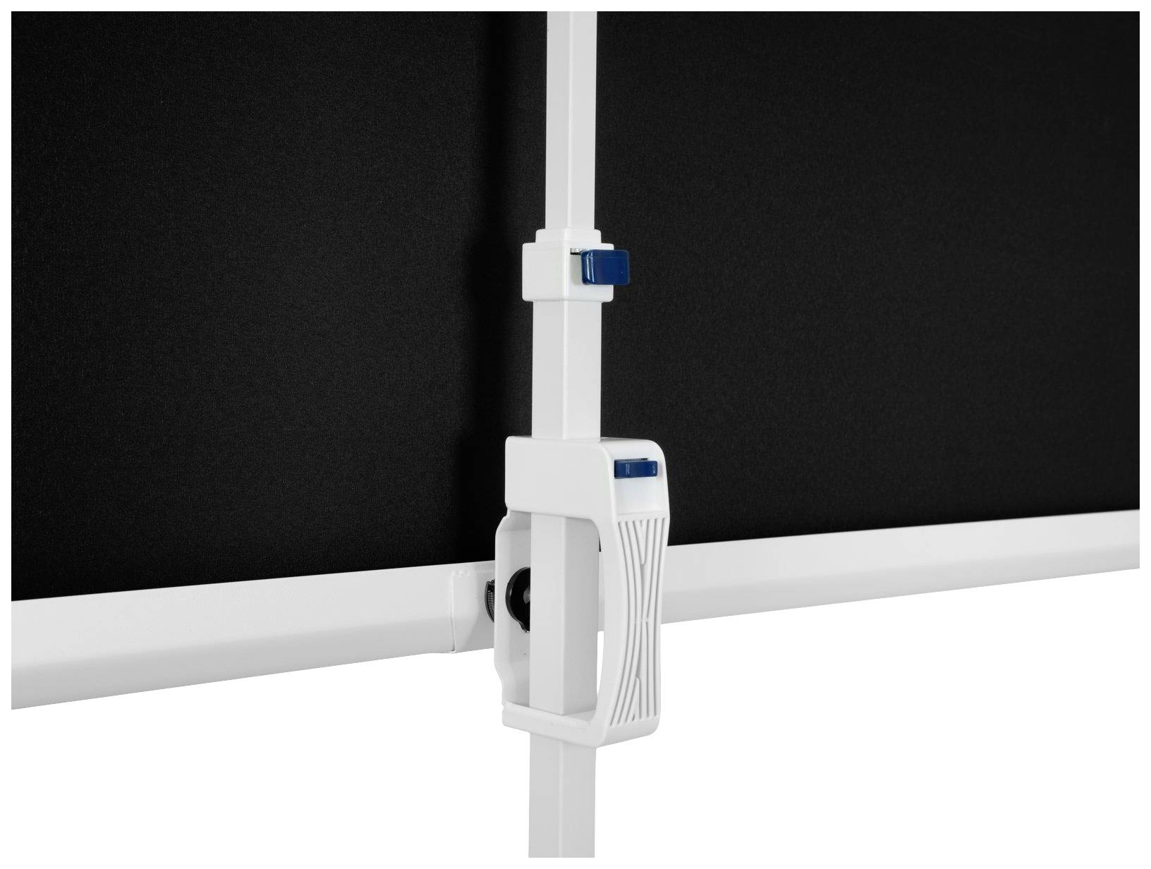 Zwei Tafeln mit robusten weißen Klemmen, verbunden an einem Standfuß, vor einem schwarzen Hintergrund.