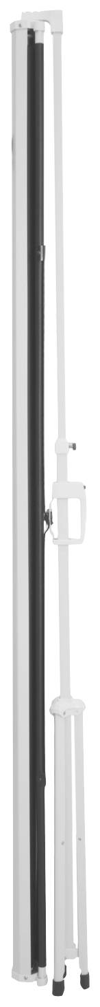 'Weißer und schwarzer Teleskoparm, möglicherweise ein Stativbein, aufrecht stehend. Eignet sich vermutlich für Fotografie oder Präsentationen.'