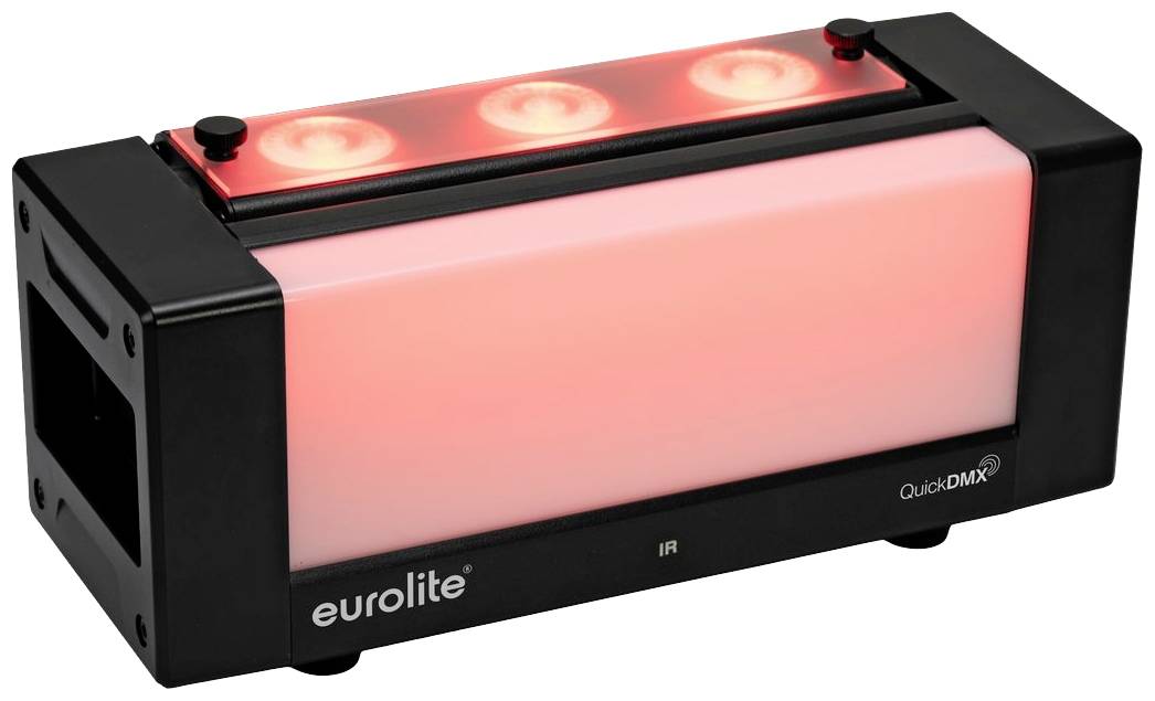 Ein schwarzes, rechteckiges Lichtelement mit vier roten LEDs und der Aufschrift 'eurolite' und 'QuickDMX' auf der Seite.