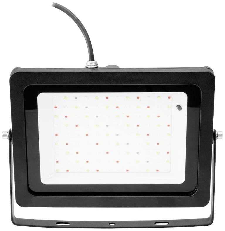 Ein rechteckiger LED-Strahler mit schwarzem Rahmen und Kabel oben. Er hat ein weißes Panel mit bunten Punkten im Inneren.