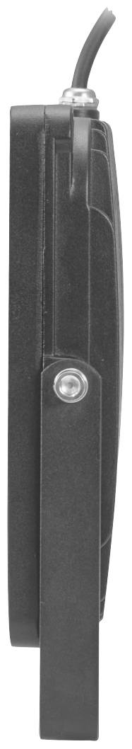 Seitenansicht eines schwarzen, rechteckigen elektronischen Geräts mit Kabelanschluss oben und Scharnier an der Seite.