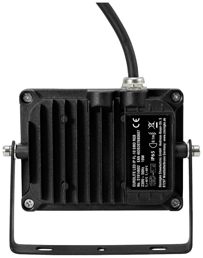 LED-Strahler Rückansicht zeigt technische Details auf schwarzem Etikett mit Markeninformation, CE-Zeichen und IP65-Klassifizierung.