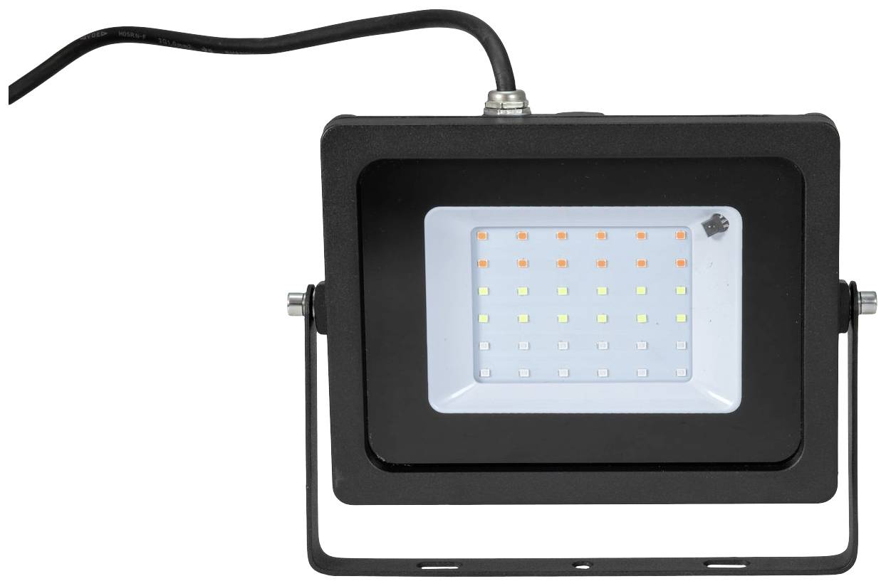 Ein schwarzer LED-Strahler mit Kabel, rechteckige Form, zeigt ein leuchtendes Panel mit verschiedenen farbigen LEDs.