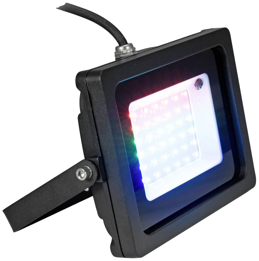 Ein quadratischer LED-Scheinwerfer mit schwarzem Gehäuse, der rotes, grünes und blaues Licht ausstrahlt. Perfekt für Bühnenbeleuchtung.