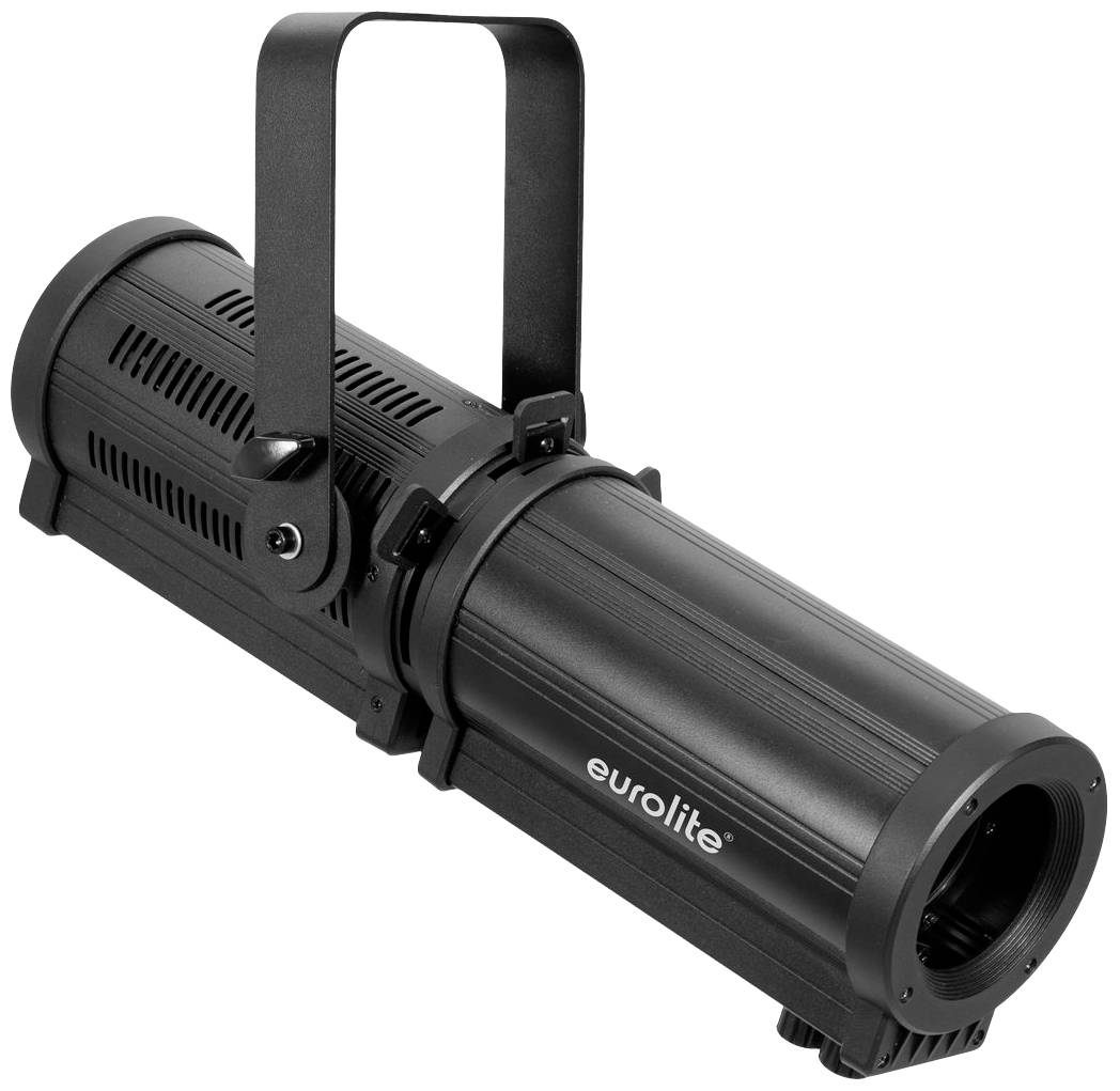 Ein schwarzer Bühnenscheinwerfer von Eurolite mit verstellbarem Griff und Lüftungsschlitzen, geeignet für Event- oder Theaterbeleuchtung.