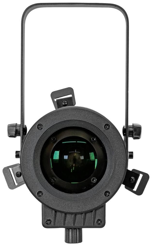 Schwarz-graue Bühnenbeleuchtungseinrichtung mit kreisförmigem Glas in der Mitte, umgeben von Griffen und Einstellungsknöpfen.