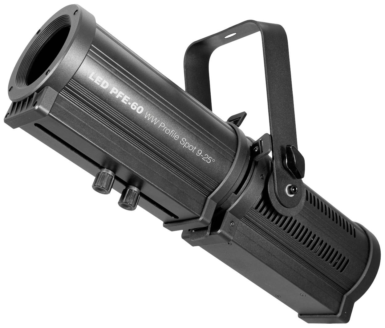 Eine schwarze LED-Bühnenscheinwerferlampe mit Griff und verstellbaren Knöpfen. Text an der Seite: 'LED PFE-60 Profil Spot 9-25°'.