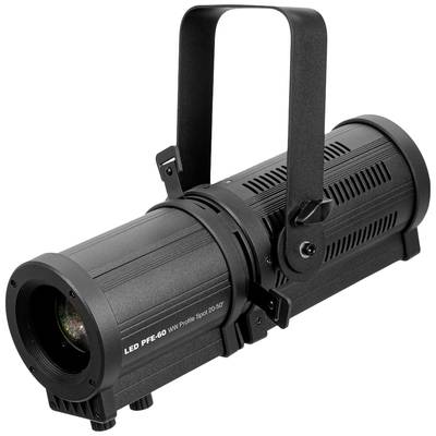 Schwarzer LED-Scheinwerfer mit Tragegriff und Beschriftung 'LED PFE-60 WW Profile Spot 20-50°', verwendet zur Bühnenbeleuchtung.