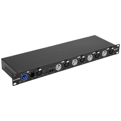 'Eurolite DMX Splitter DB-6' auf schwarzer Metallfront. Sechs DMX-Ausgänge und ein Eingang, jeweils mit XLR-Anschlüssen.