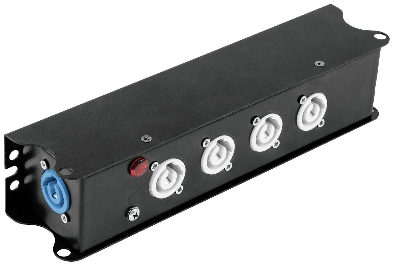 Schwarze Rackblende mit fünf XLR-Anschlüssen, blau und weiß, und einer roten LED-Anzeige, zur Audiokabelverwaltung in Studioumgebungen.