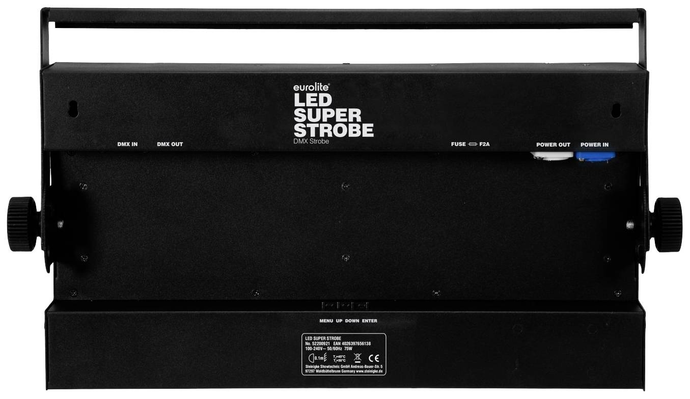 Rückansicht eines LED Super Strobe DMX Lichts mit Anschlüssen und Schaltern für DMX IN/OUT, Sicherung, Fixierung und Stromversorgung.