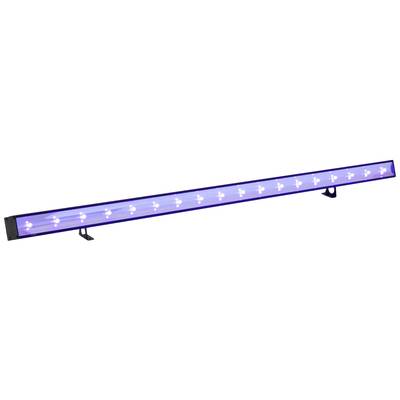 Eine lange LED-Lichtleiste mit blauem Schein, montiert auf zwei Halterungen, geeignet für Bühnenbeleuchtung oder Dekoration.