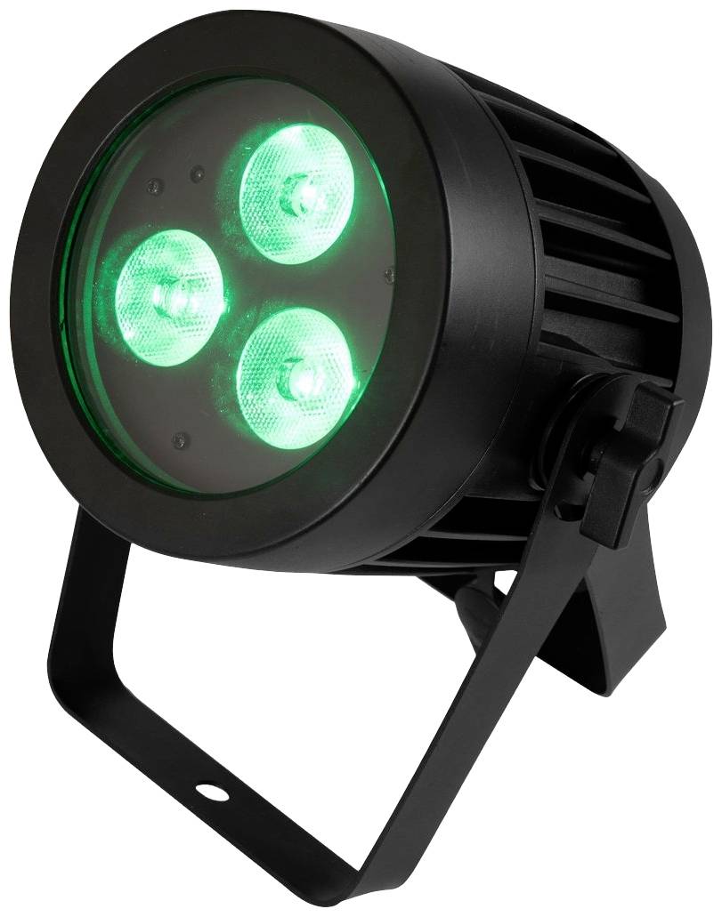 Ein schwarzer LED-Scheinwerfer mit drei grünen leuchtenden Lichtern, montiert auf einem verstellbaren Ständer. Geeignet für Bühnenbeleuchtung.