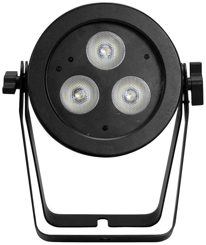 Ein schwarzer LED-Scheinwerfer mit drei runden Leuchten, montiert auf einem verstellbaren Ständer, ideal für Bühnenbeleuchtung.
