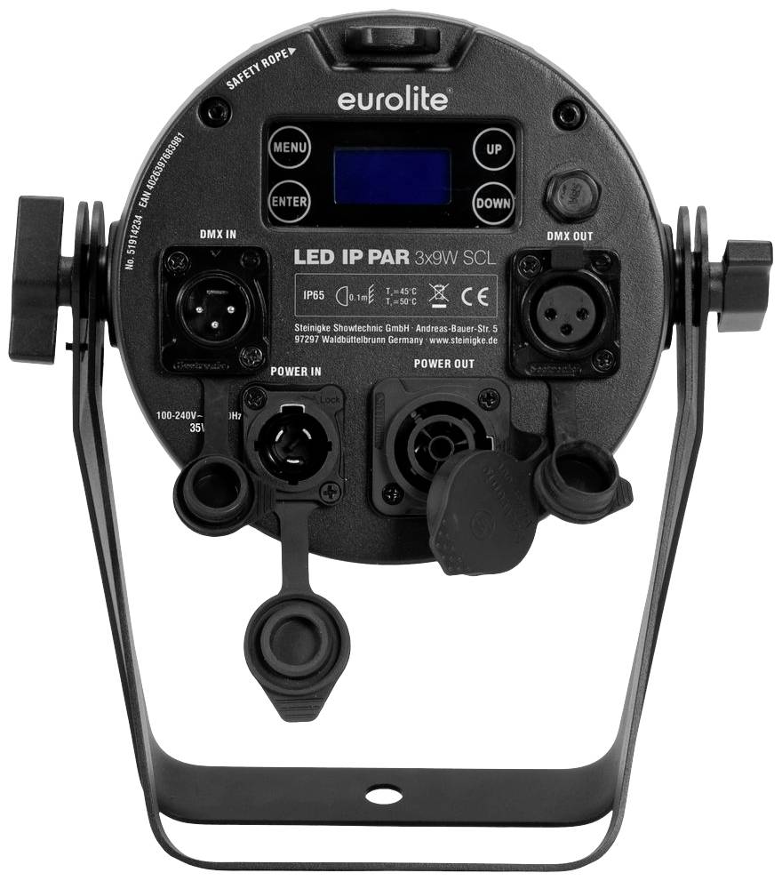 Rückseite eines LED-Scheinwerfers mit Steuerelementen, DMX-Anschlüssen und Befestigungshalterung; Marke 'Eurolite'.