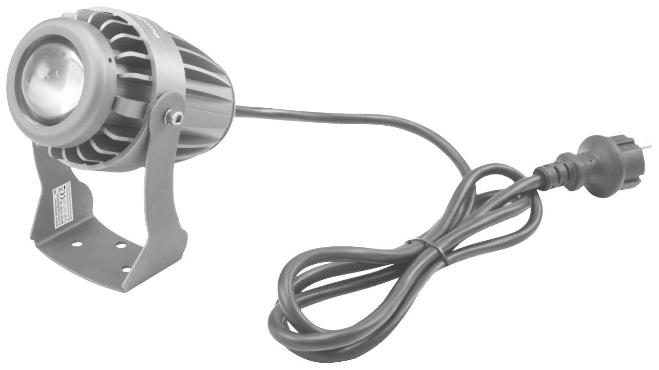 Ein LED-Flutlichter mit Kabel und Steckverbinder. Das Gehäuse ist zylindrisch mit Kühlrippen und einem verstellbaren Montagebügel.